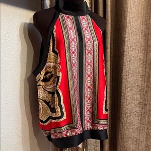 7th Avenue Design Studio elegant red black and gold paisley pattern top. Size XL